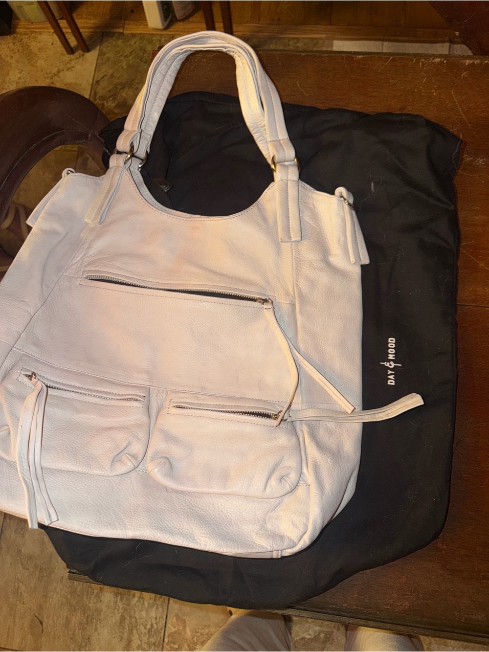 Pale Pink Leather Tote with Front Zip Pockets